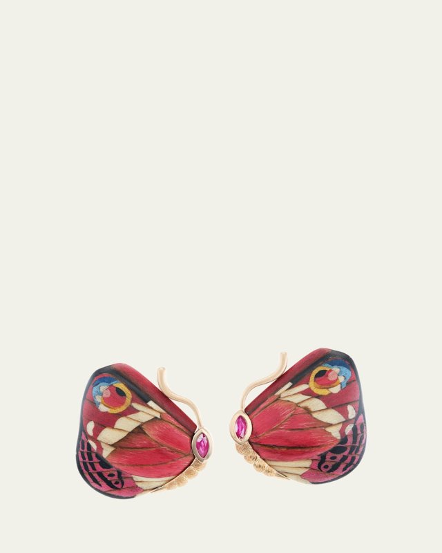 18K Yellow Gold Marquetry Double-Wing Butterfly Earrings with Rubies